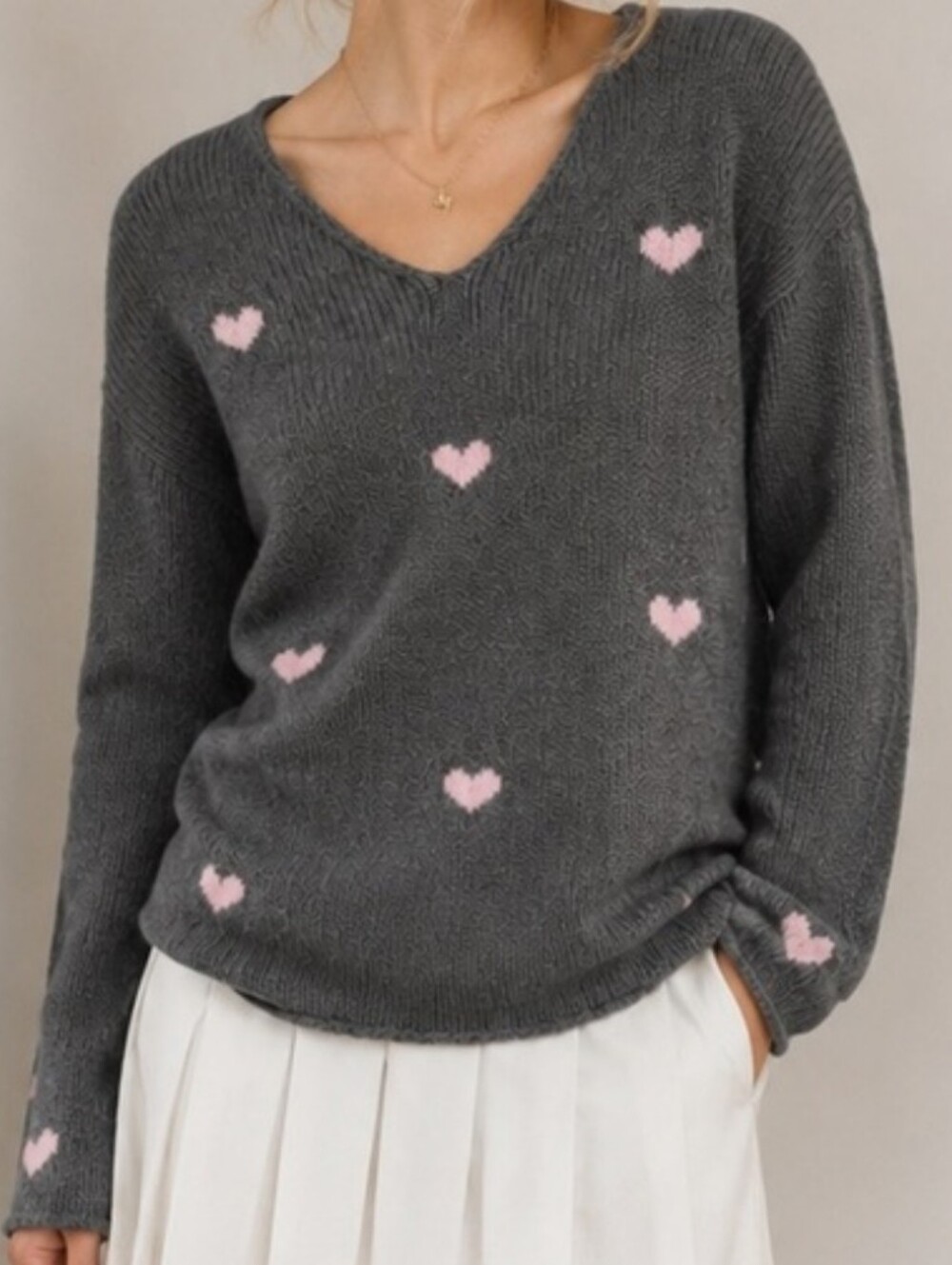 Wooden Ships Candy Heart Wool Blend Sweater In Gray And Pink Size XS/S